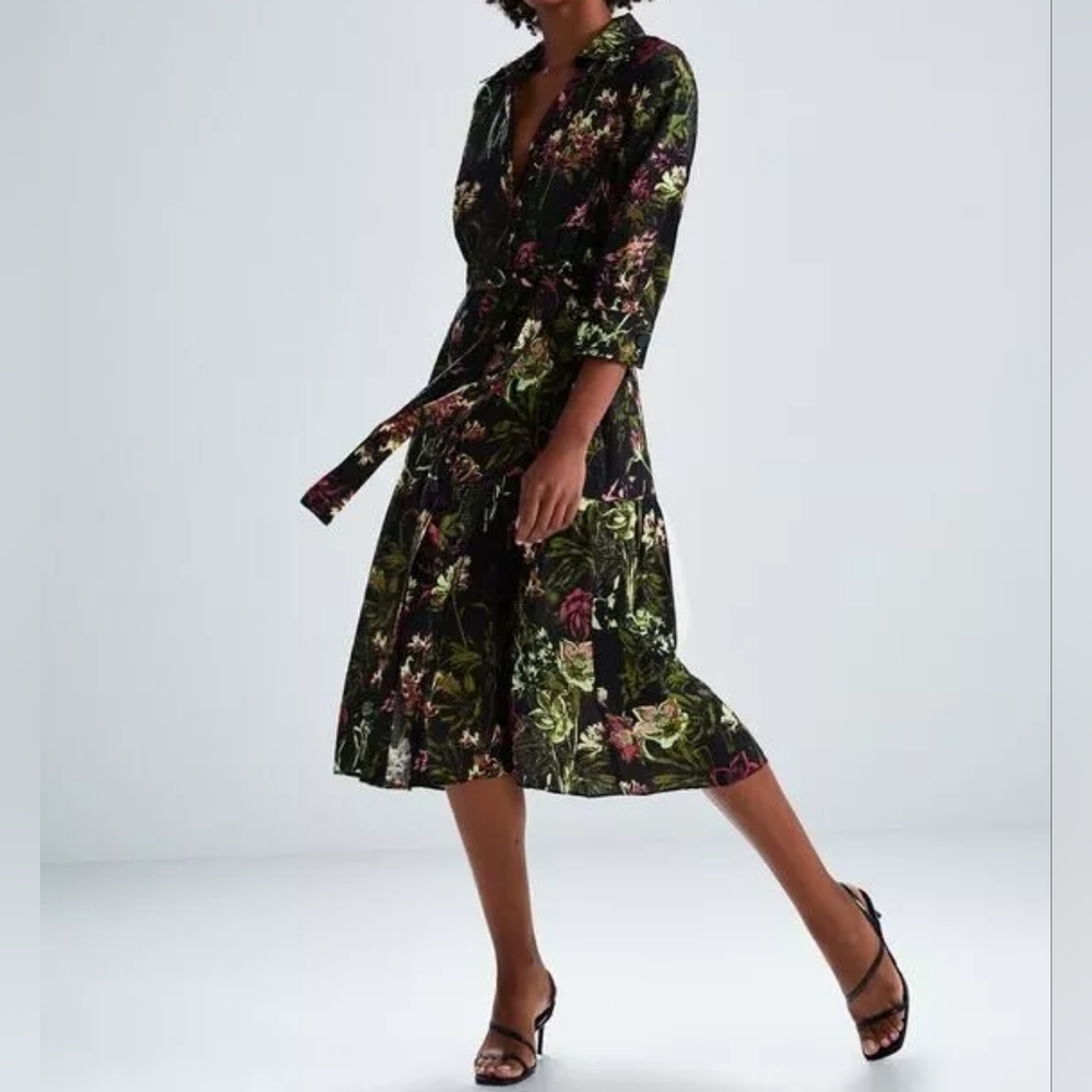 ZARA Black Floral Midi Tiered Shirt Dress Tie Waist Large